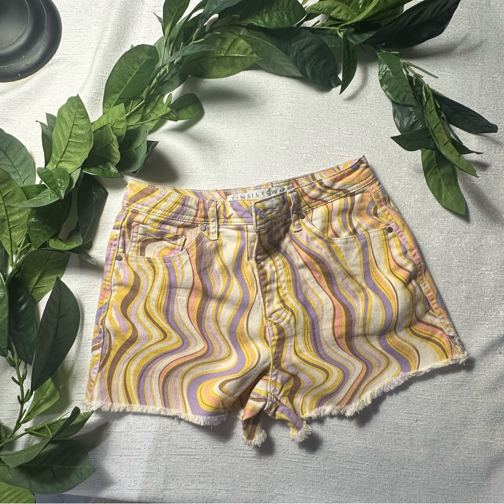Tinseltown Women's Yellow and Purple Swirl Jean Shorts